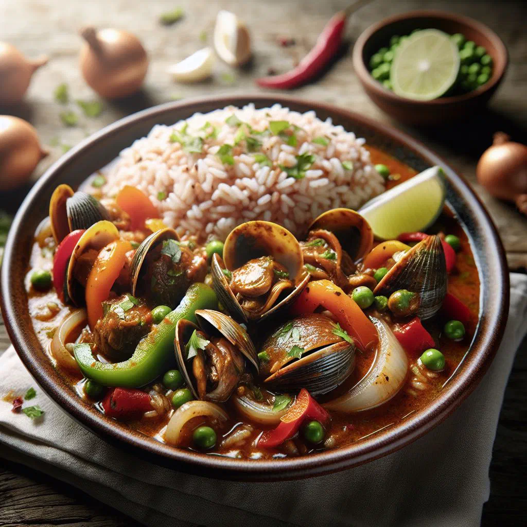 Stewed lambi in a rich tomato and pepper sauce, garnished with fresh thyme