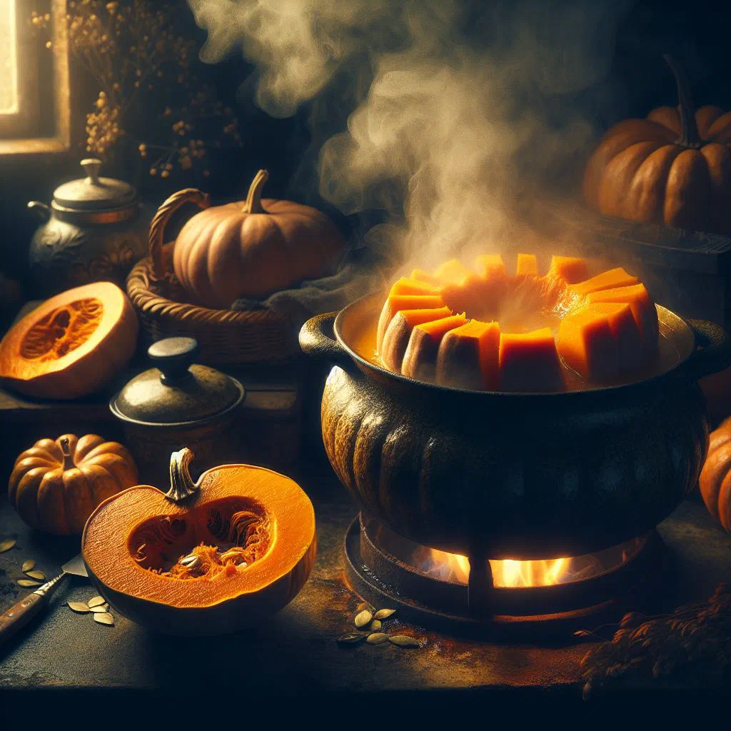 Golden stewed pumpkin in a bowl, garnished with fresh herbs