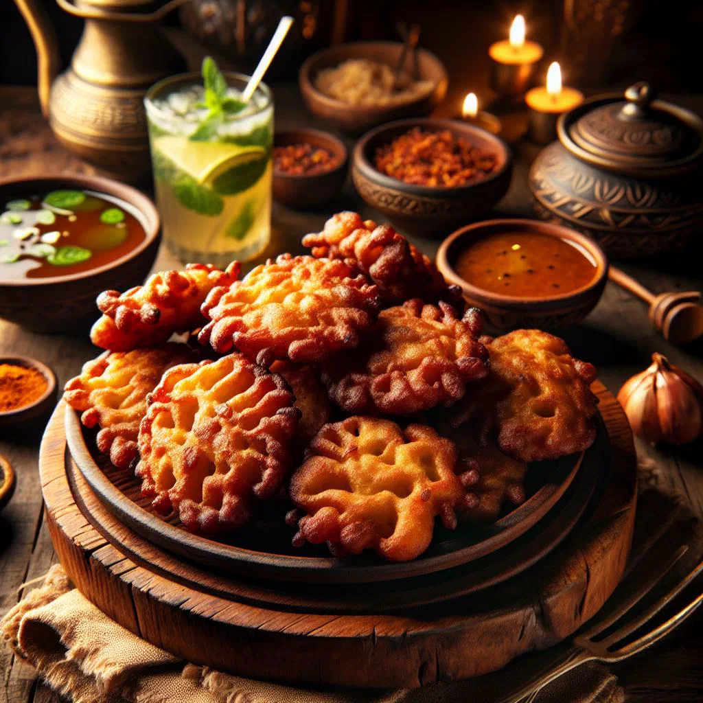Golden crispy tannia fritters piled on a plate with fresh herbs