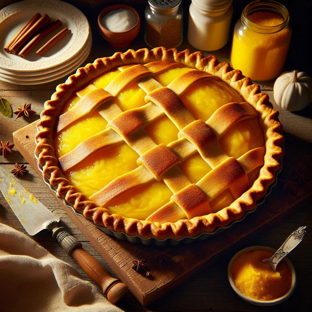Golden yellow yam pie in a tart tin with a crisp pastry crust