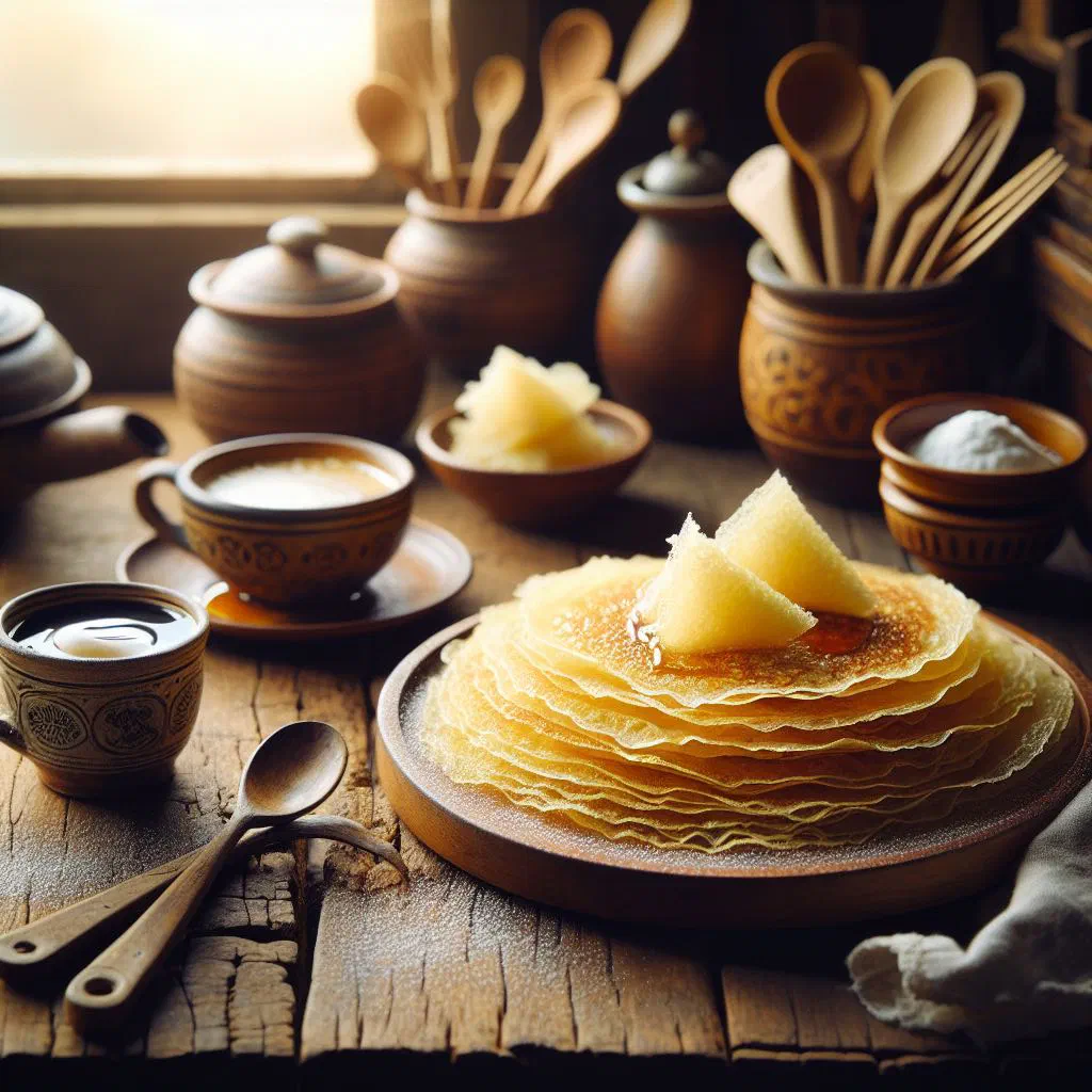 Golden cassava crêpes served on a plate with fresh herbs