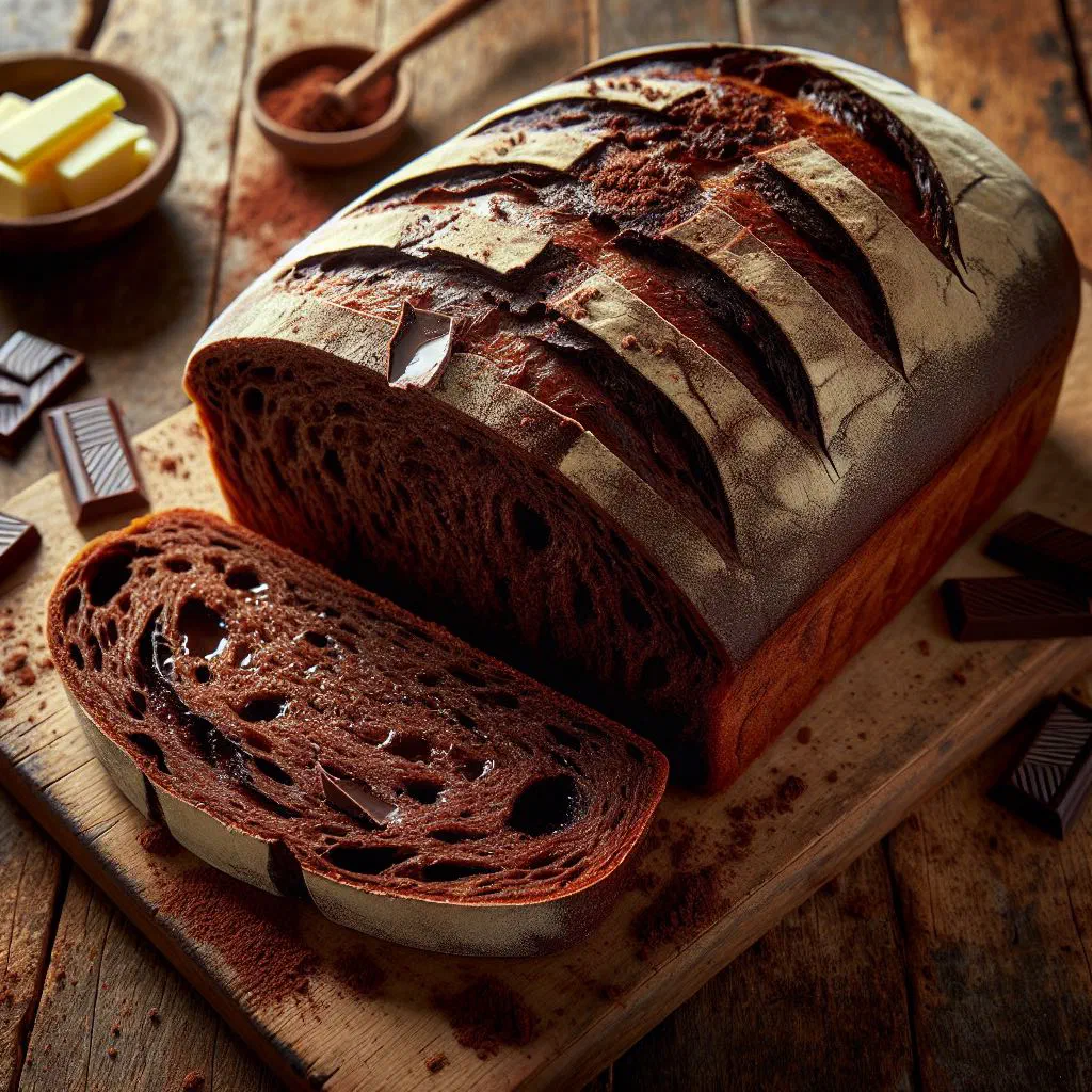 Sliced cocoa bread with a dark, tender chocolate crumb
