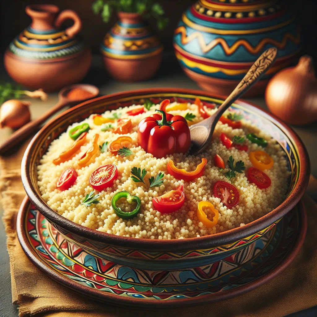 A bowl of fluffy couscous de fonio garnished with fresh herbs