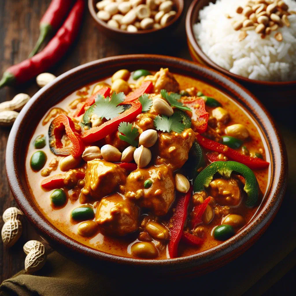 Creamy chicken and peanut curry garnished with coriander and roasted peanuts