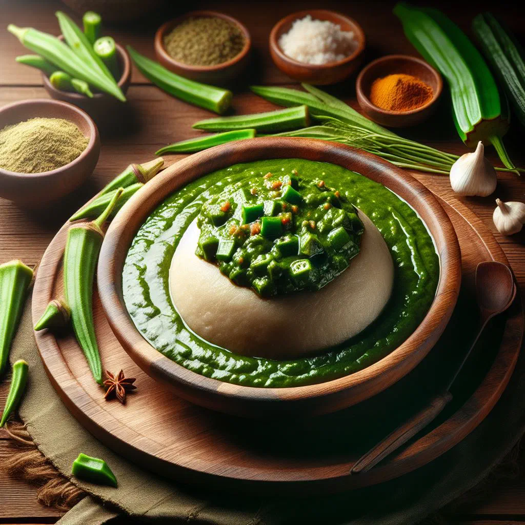 A bowl of Fouti okra sauce with tomatoes, garnished with fresh coriander