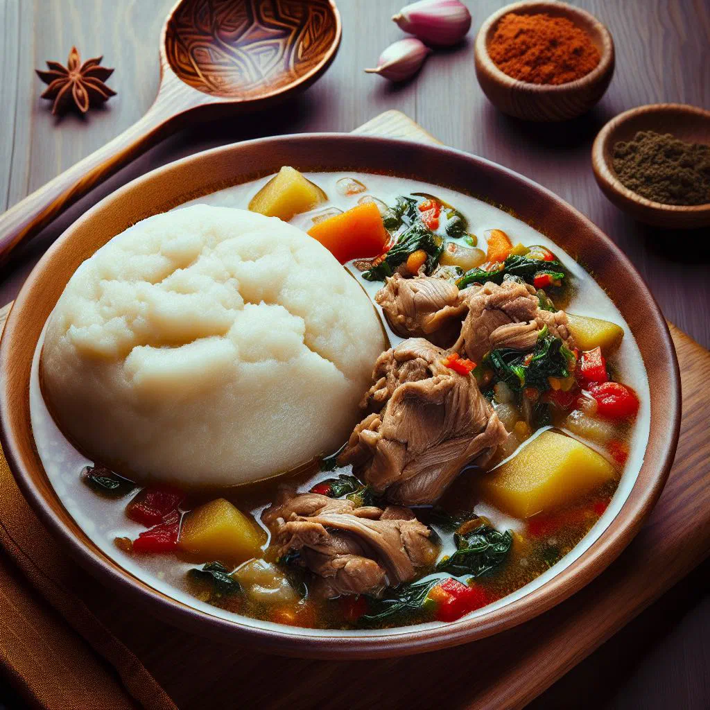Smooth white fufu balls served with a rich West African sauce