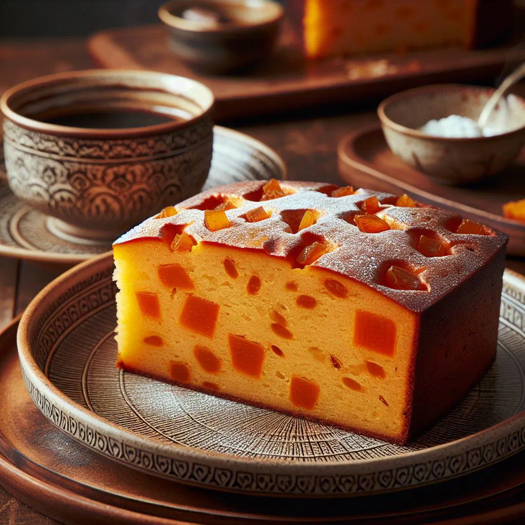 Golden sweet potato cake dusted with sugar and served on a plate