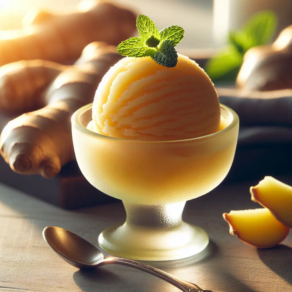 Scoops of pale ginger sorbet in a glass, garnished with fresh mint