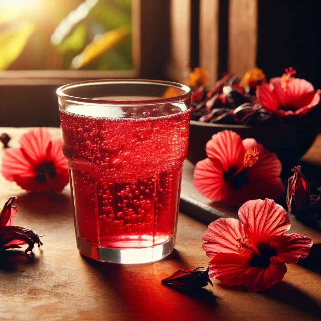 Glass of deep-red hibiscus jus de bissap with ice and mint
