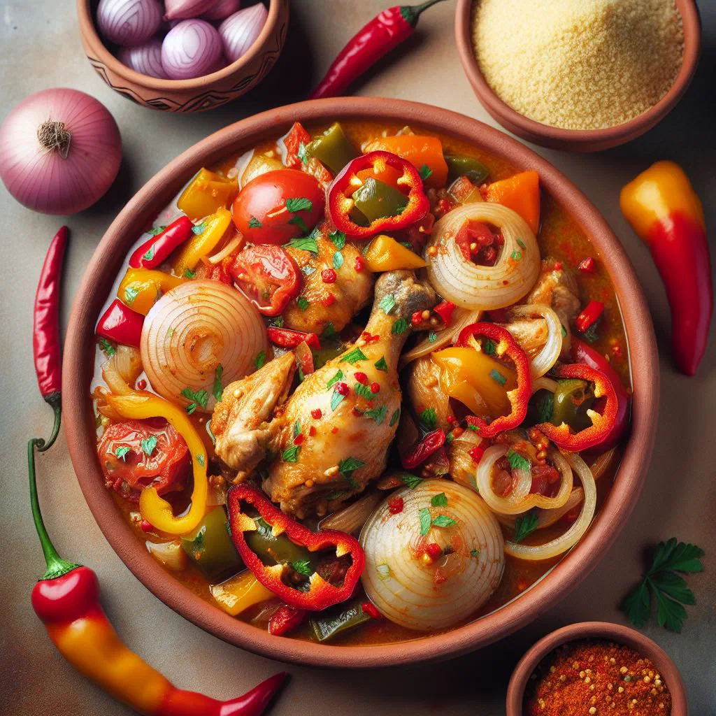Slow-cooked chicken kedjenou with peppers and tomatoes in a clay pot