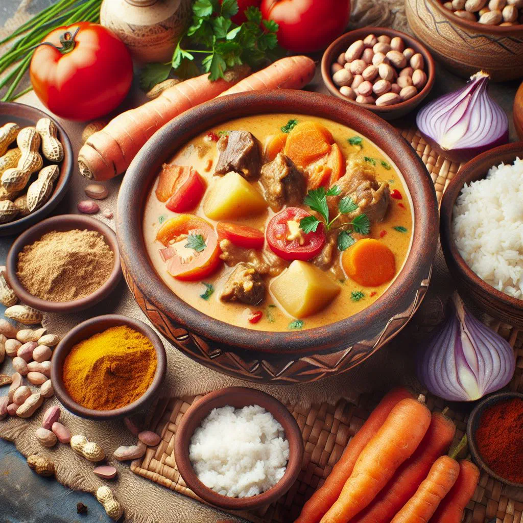 Bowl of Mafé peanut stew with tender meat served over rice