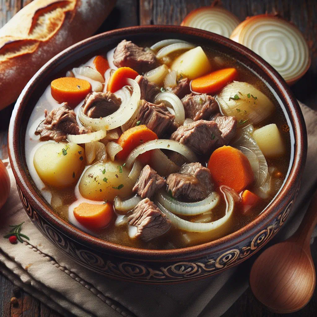 A rustic bowl of hearty Guinean meat and onion soup garnished with fresh herbs