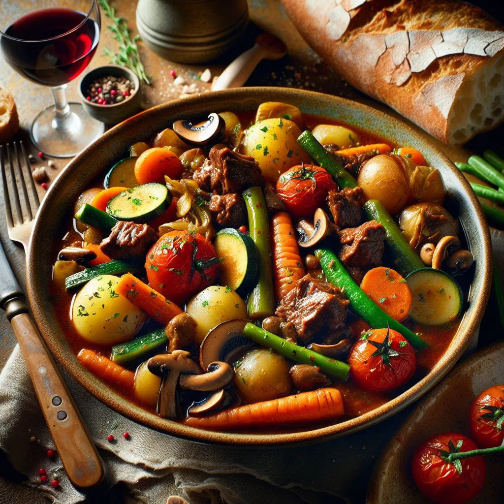 Hearty Guinean meat and vegetable stew garnished with fresh herbs