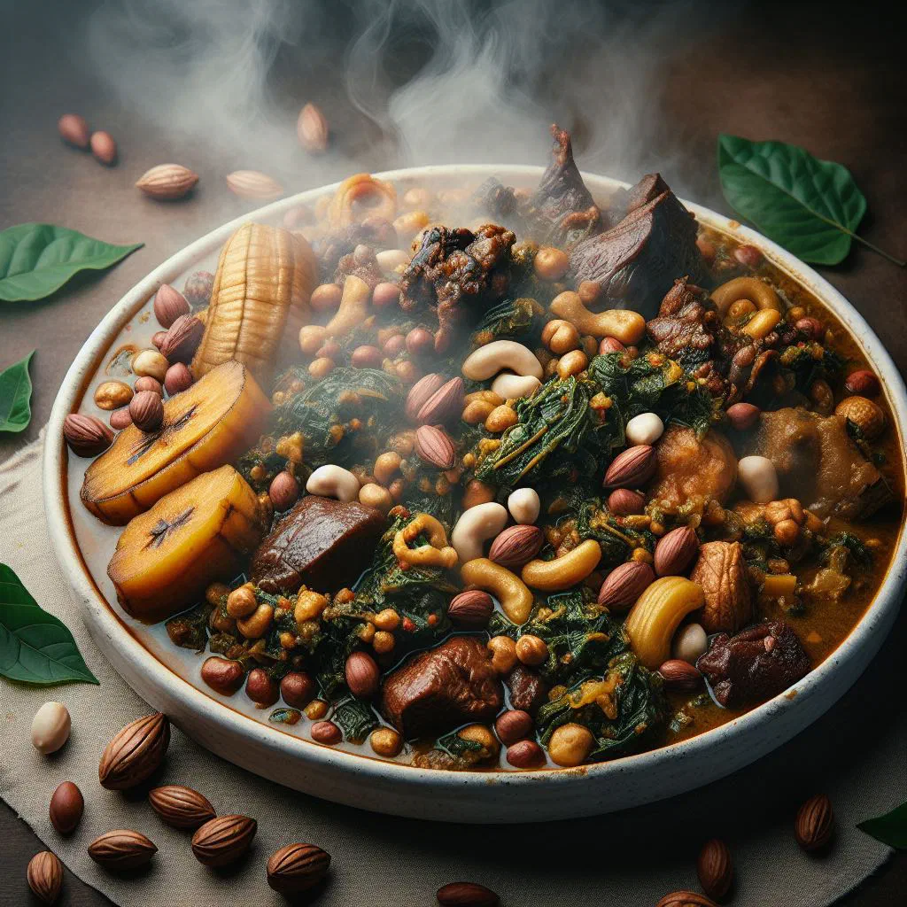 A bowl of ndolé with bitter leaf and ground peanuts, served with rice