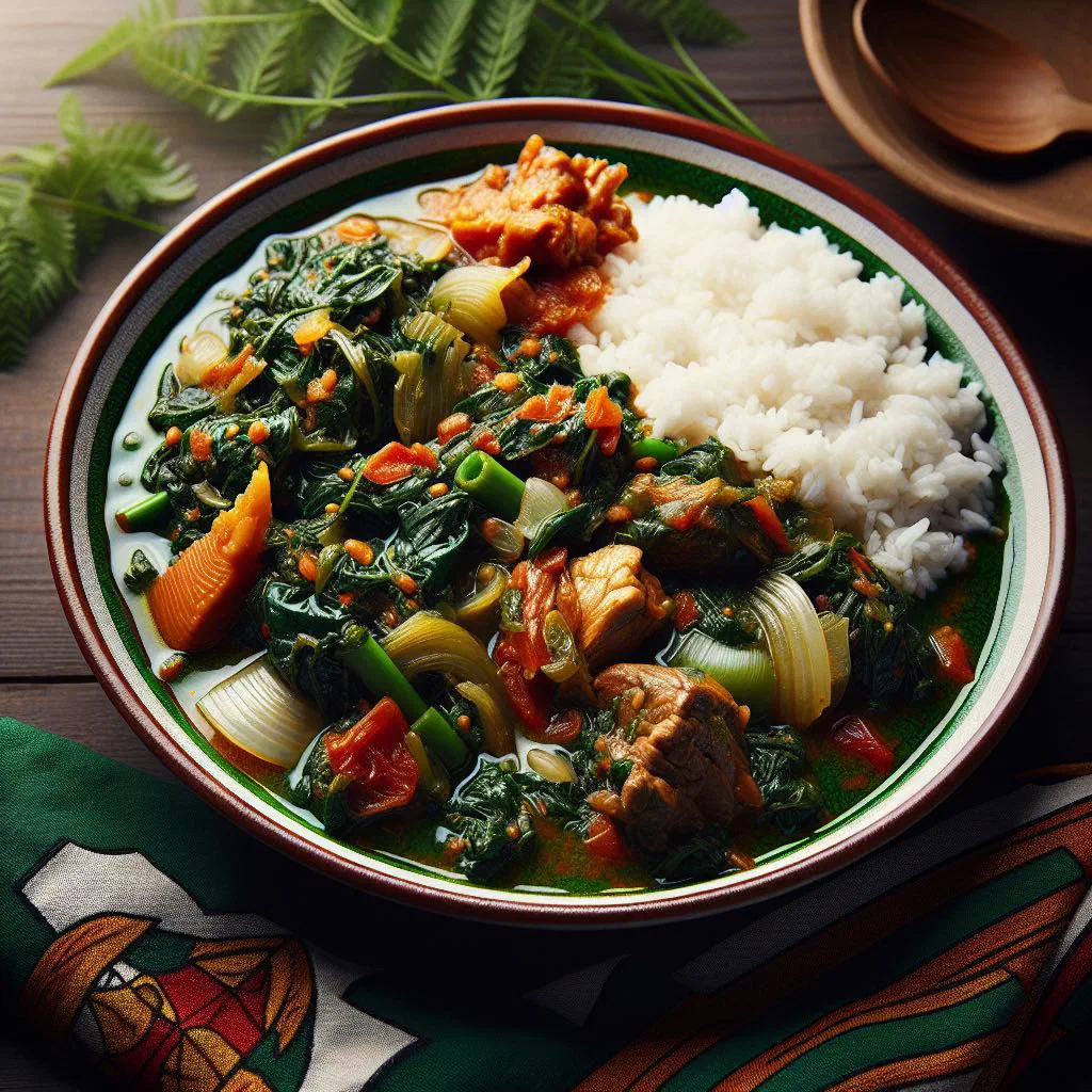 Plasas leafy green stew with smoked fish served alongside fufu