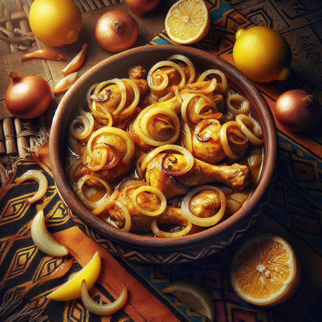 Poulet Yassa with braised onions and lemon sauce served over rice