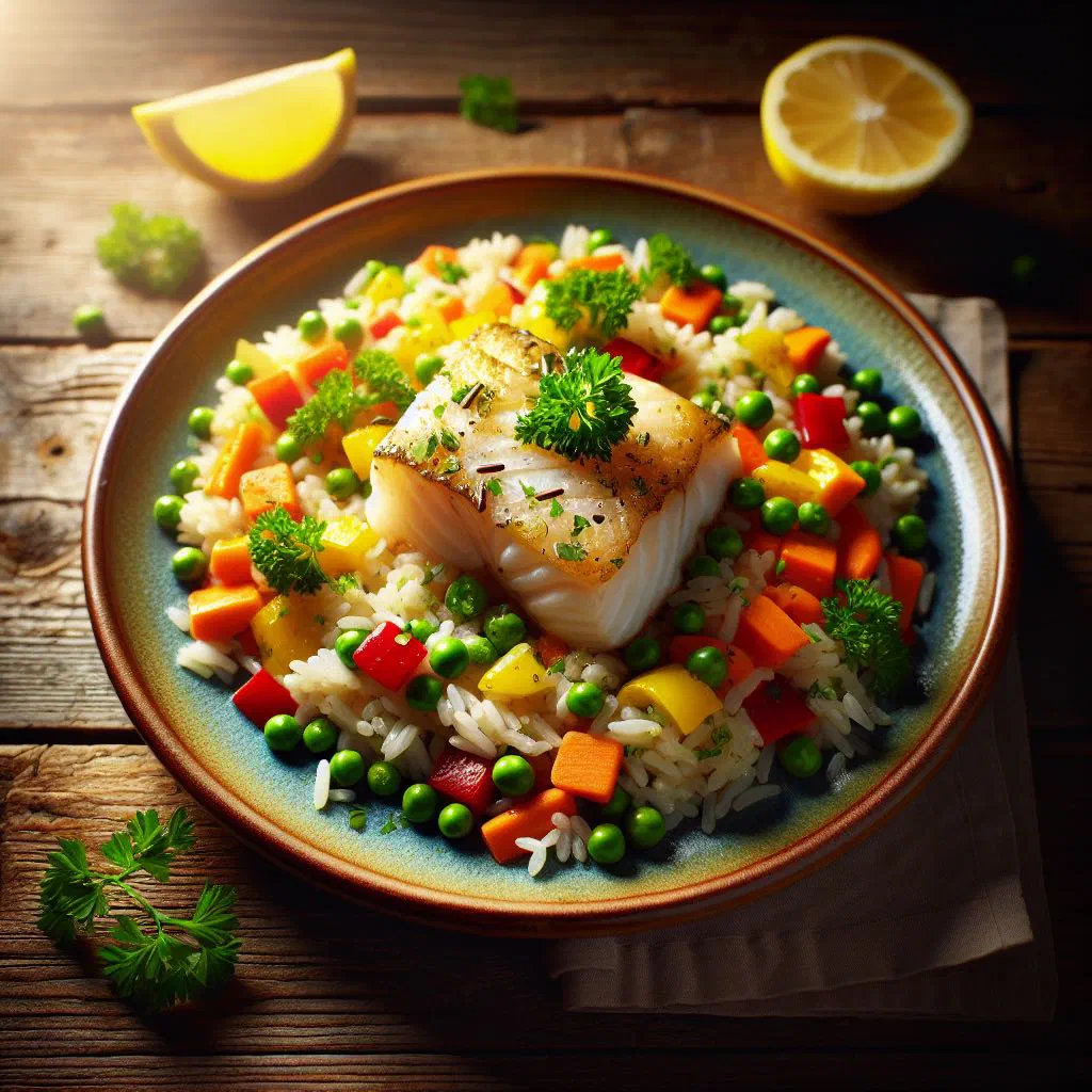 Guinean rice with fish and colourful vegetables garnished with parsley