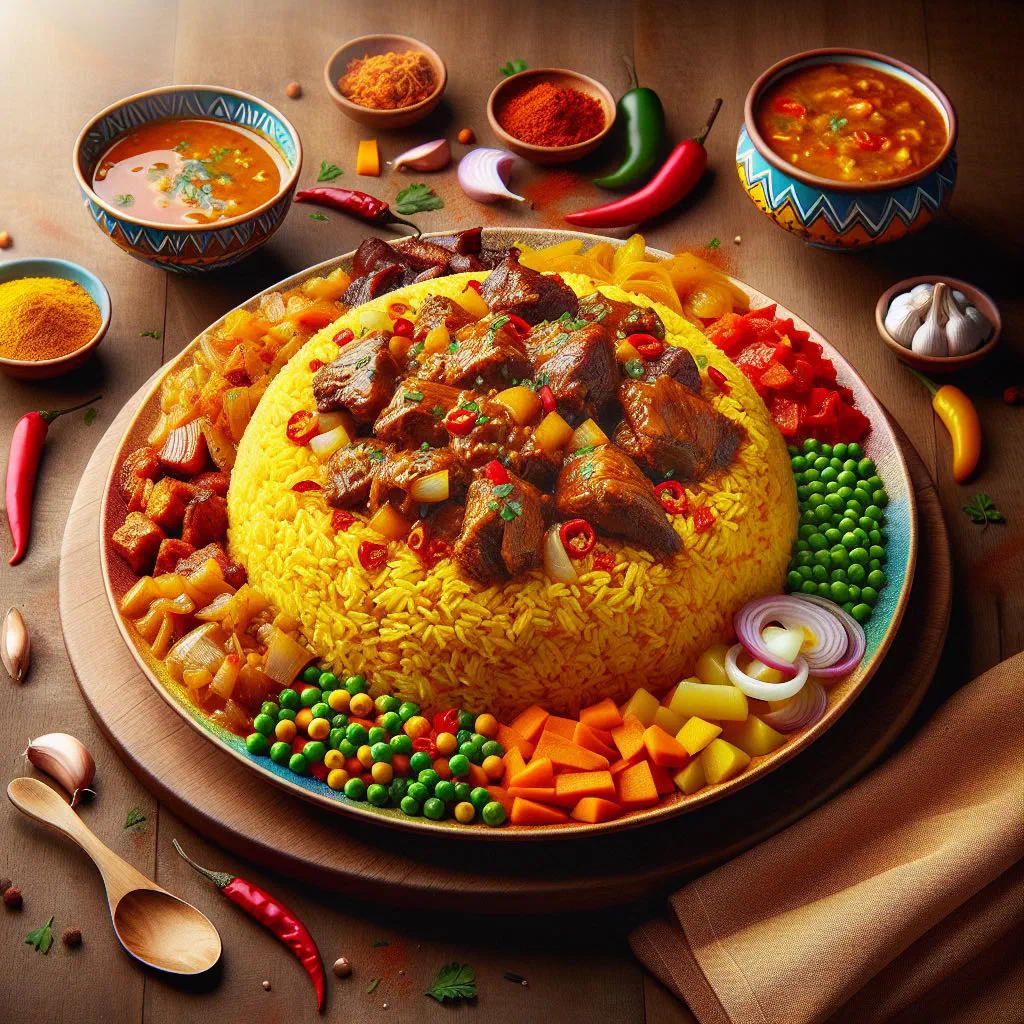 A bowl of Guinean riz gras with tender rice, meat and vegetables