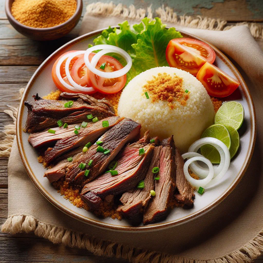 Grilled roast meat served with fermented cassava attiéké