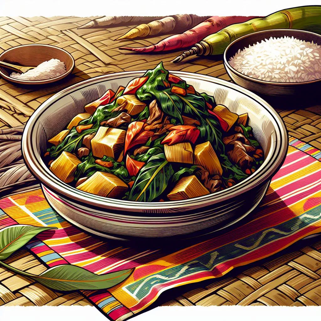 A bowl of Saka Saka, a rich green cassava-leaf stew with peanuts