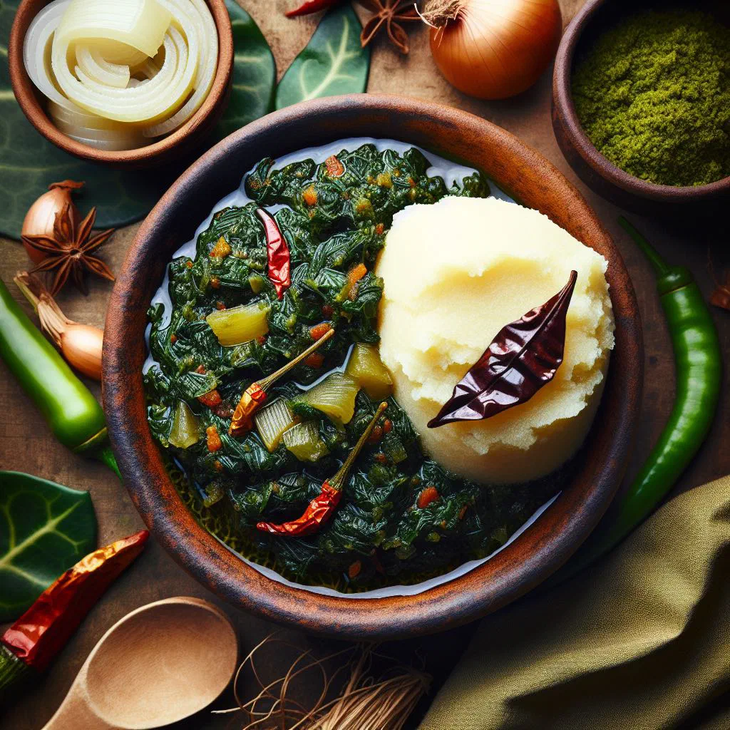 Bowl of sauce feuille de manioc, a rich cassava-leaf stew from Guinea