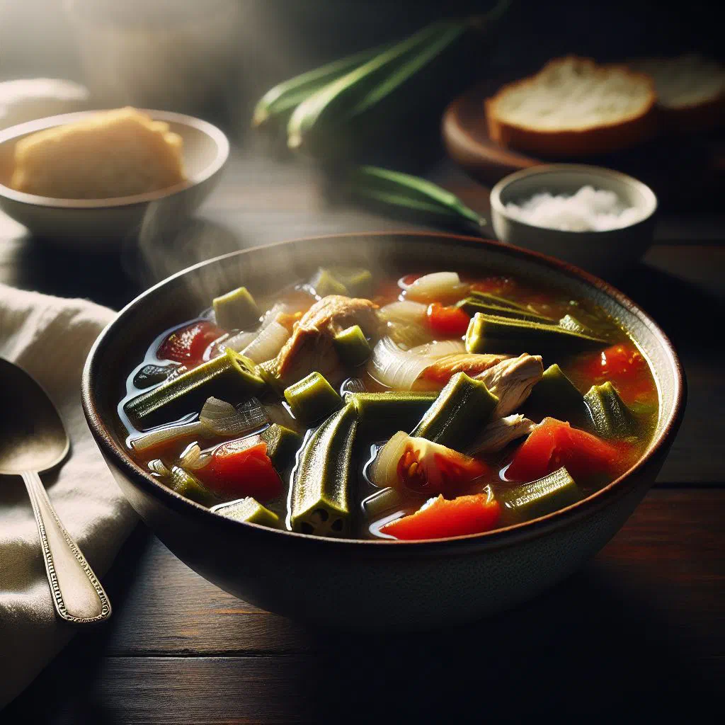 A bowl of Guinean okra soup garnished with fresh herbs