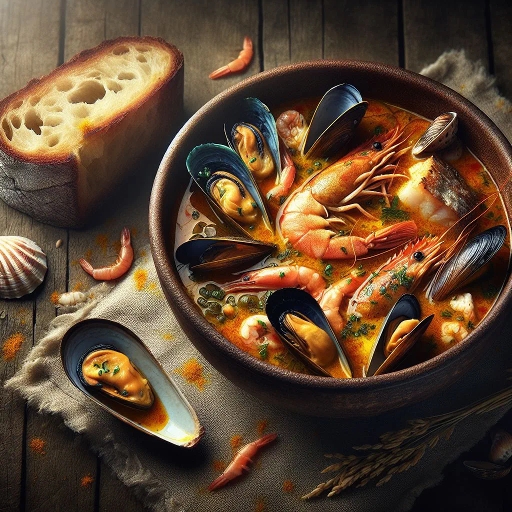 A bowl of Guinean fish soup garnished with fresh herbs