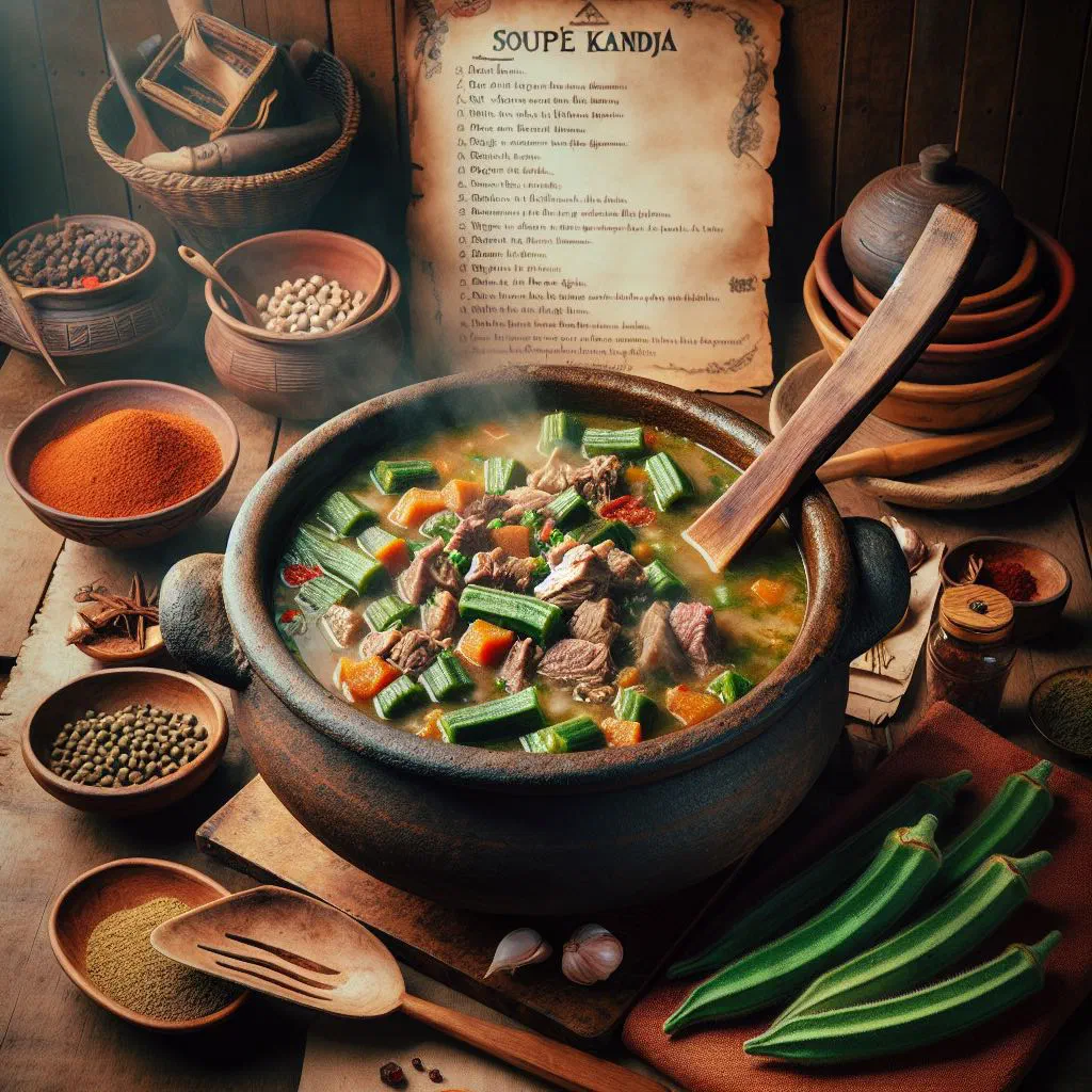 Bowl of Guinean soupe kandja, a hearty okra and meat stew, served with rice