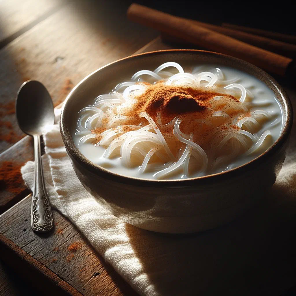Bowl of creamy sweet milk vermicelli dusted with cinnamon