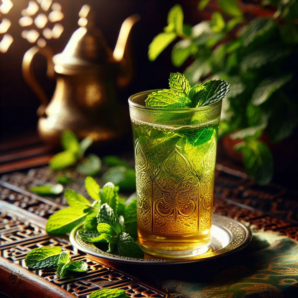 A glass of Guinean mint tea garnished with fresh mint leaves