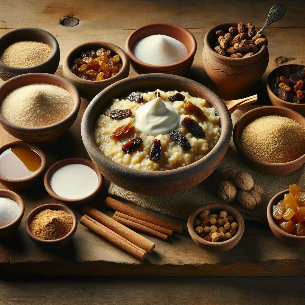 A bowl of creamy thiakry topped with dried fruit and a dusting of spice