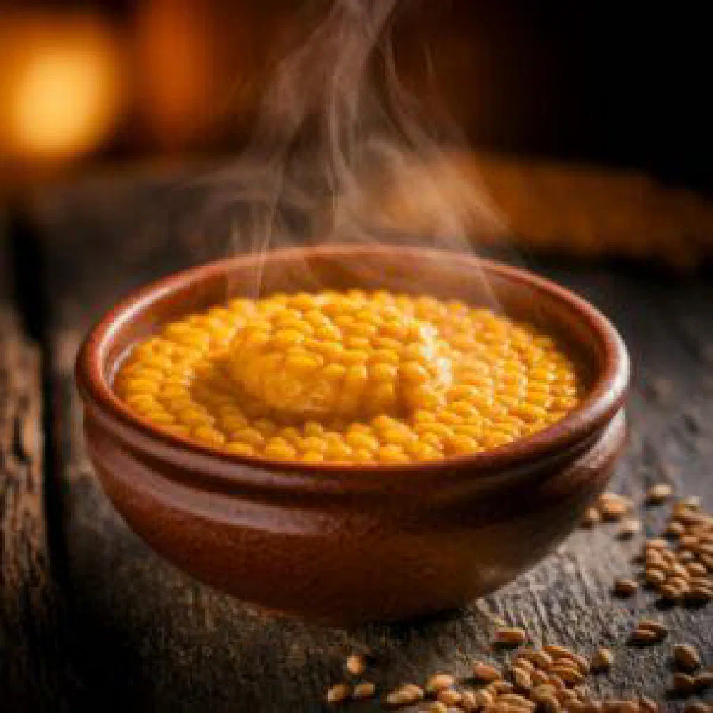 Smooth mound of Tô de Maïs cornmeal dough served with a side sauce