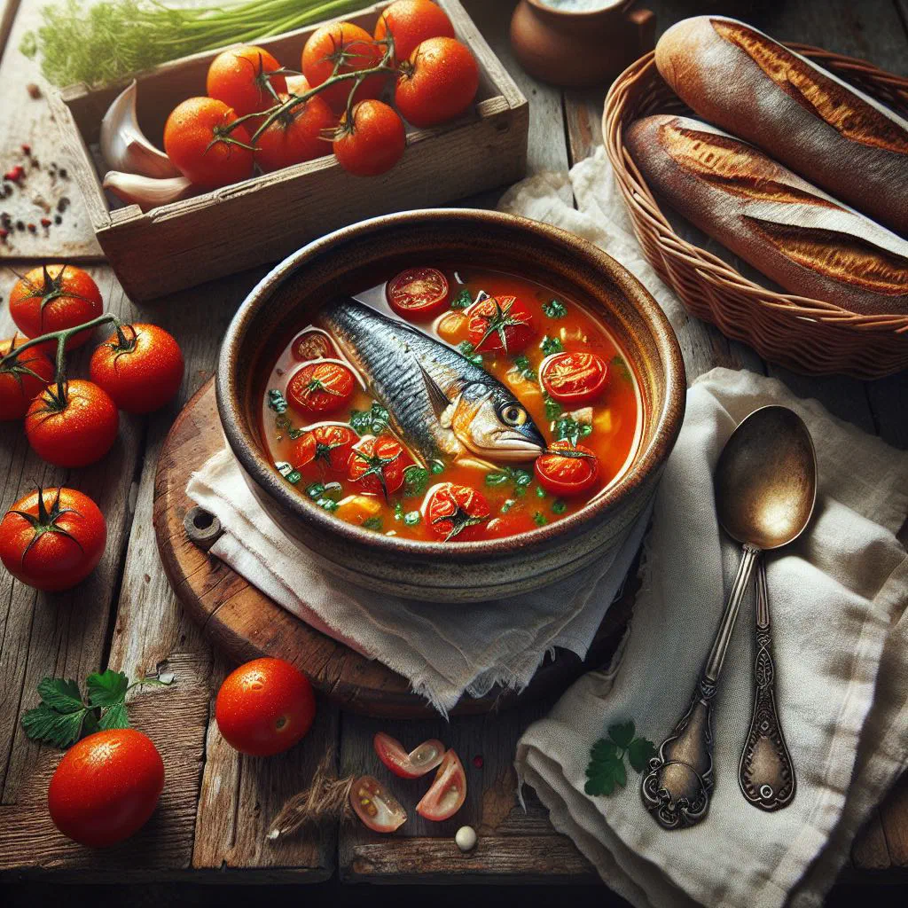 A bowl of Guinean tomato fish soup garnished with fresh herbs