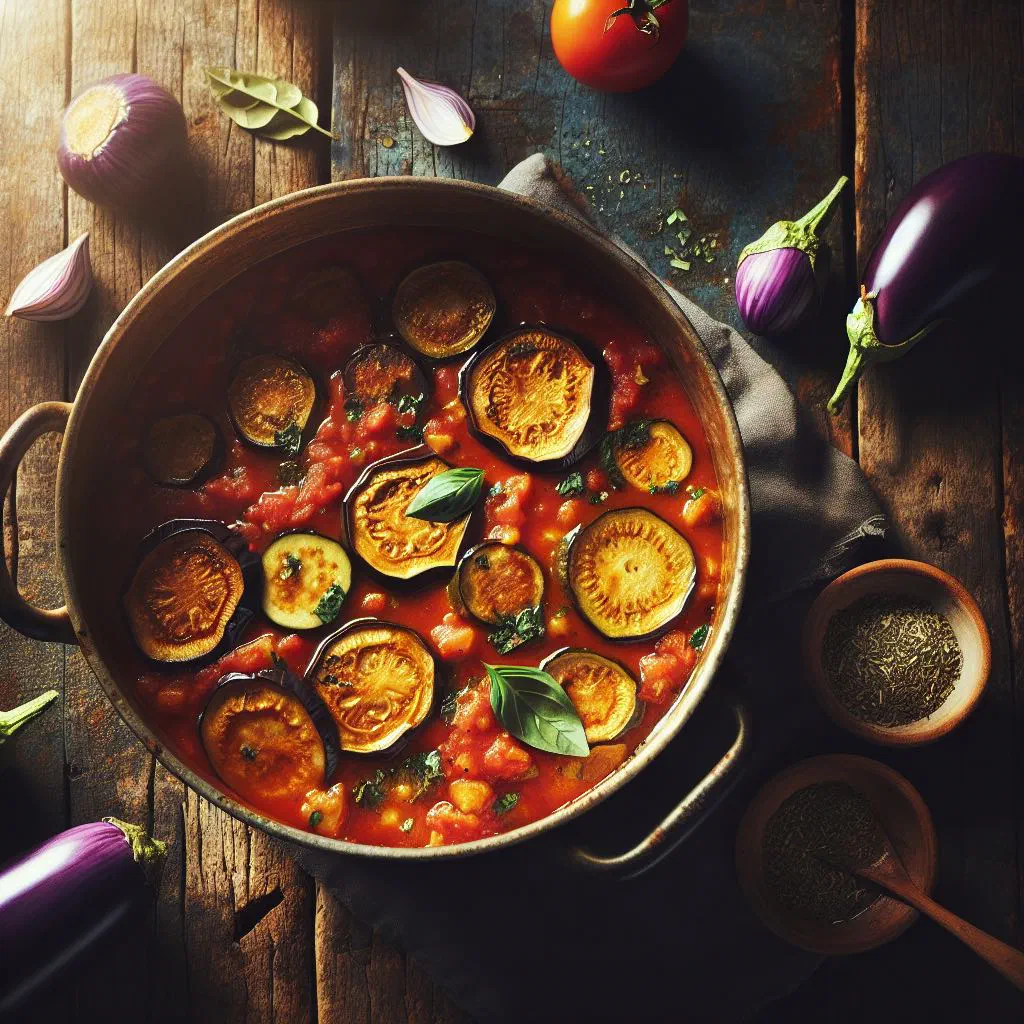 Guinean tomato sauce with diced aubergines in a bowl