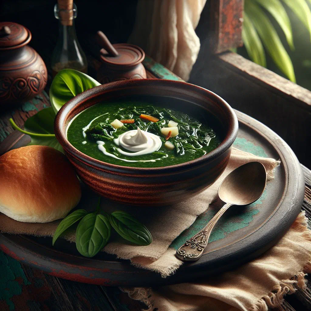 A bowl of creamy green callaloo soup made with leafy greens and coconut milk