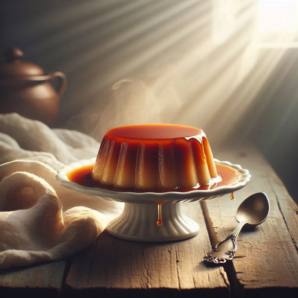 Turned-out caramel custard with golden caramel glazing the top