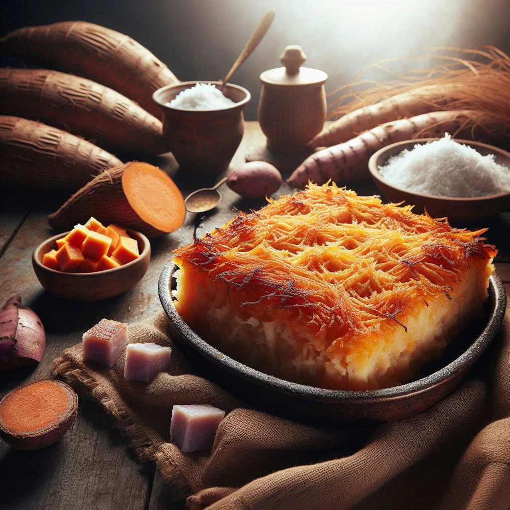 Golden squares of baked cassava pone on a plate