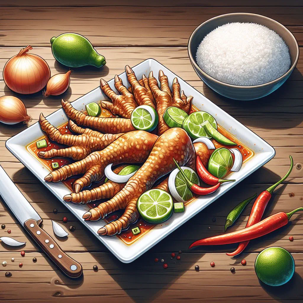 Chicken foot souse in a bowl with onion rings, lime and fresh herbs