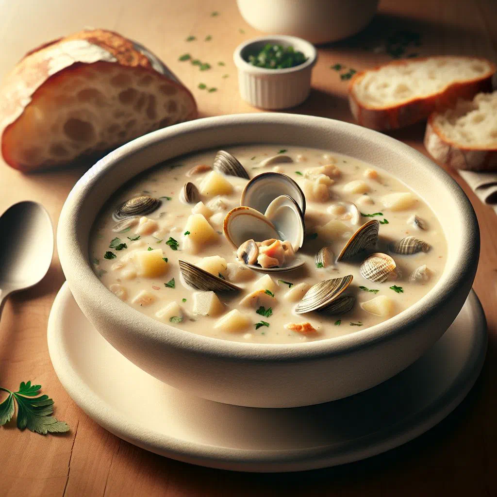 Creamy clam chowder in a bowl garnished with fresh parsley