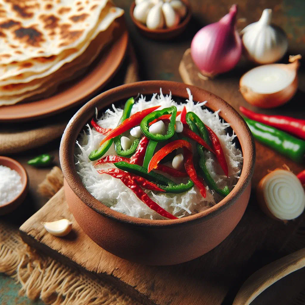 Roasted coconut choka with onion and chilli in a small bowl