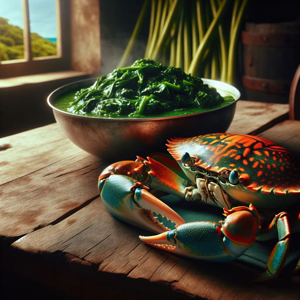 Crab and callaloo simmered in coconut milk, served warm in a bowl
