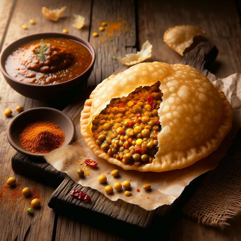 Stack of golden dal puri flatbreads filled with spiced lentils