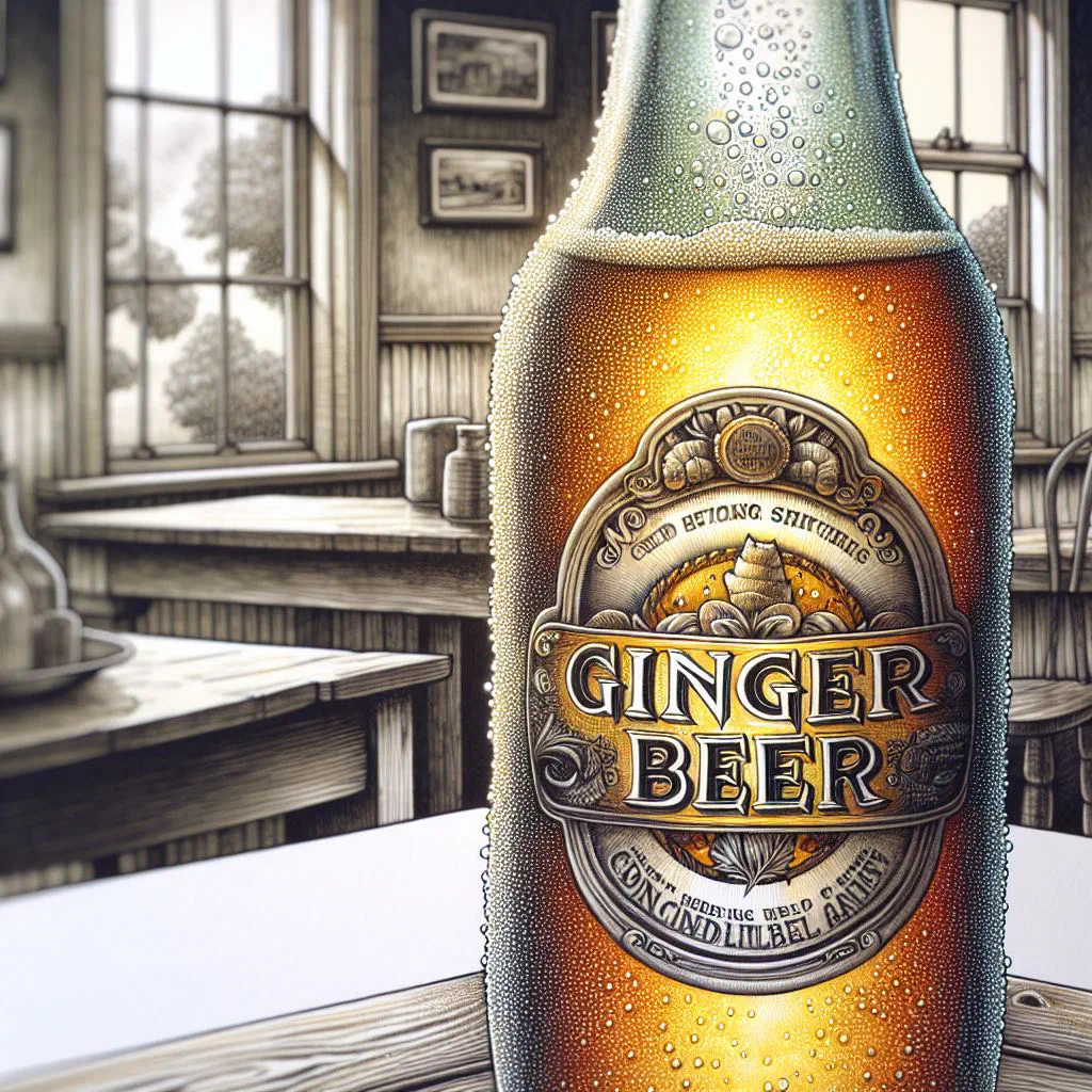 A glass of homemade ginger beer with ice and fresh ginger