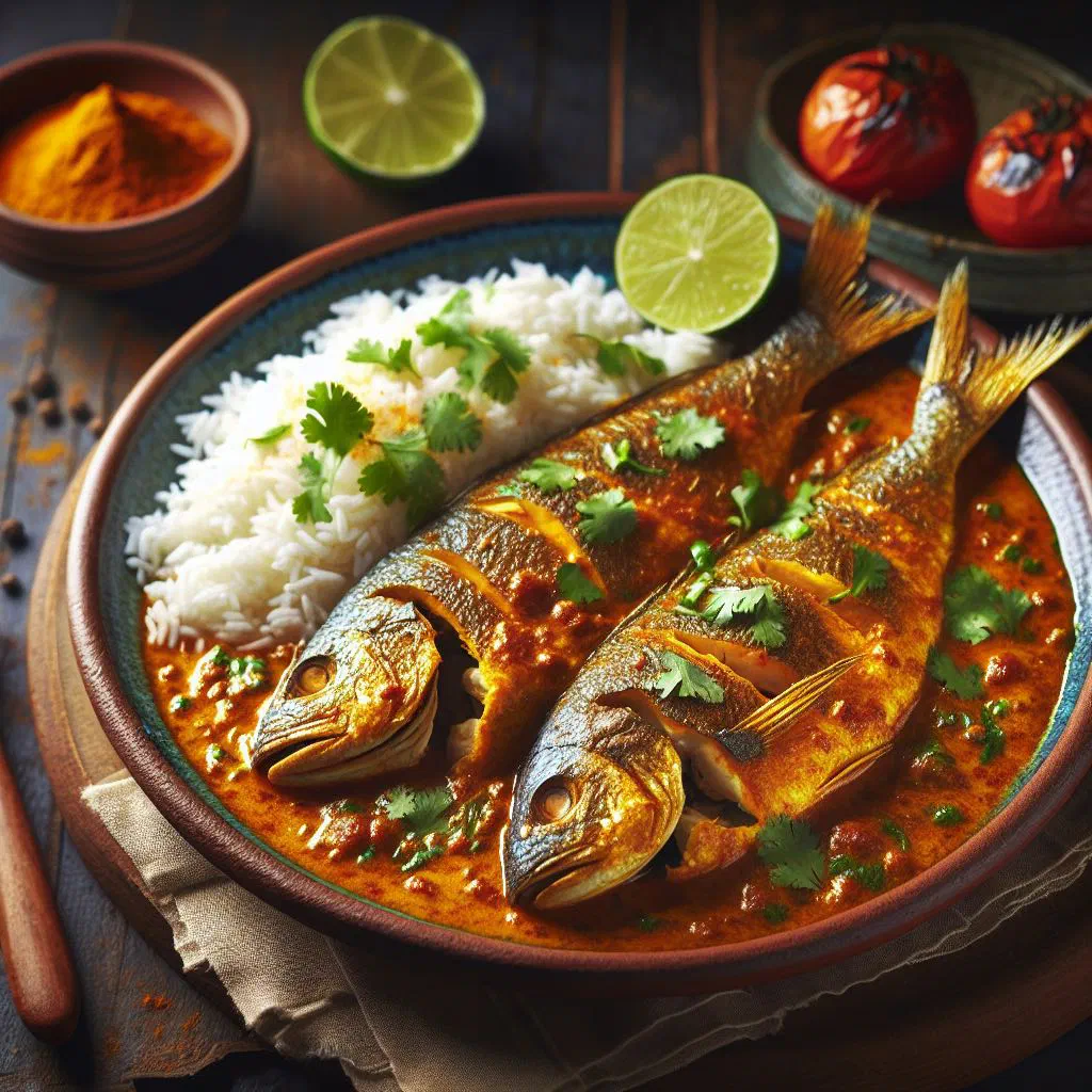 Guyanese hassar curry in a rich coconut sauce with fresh herbs