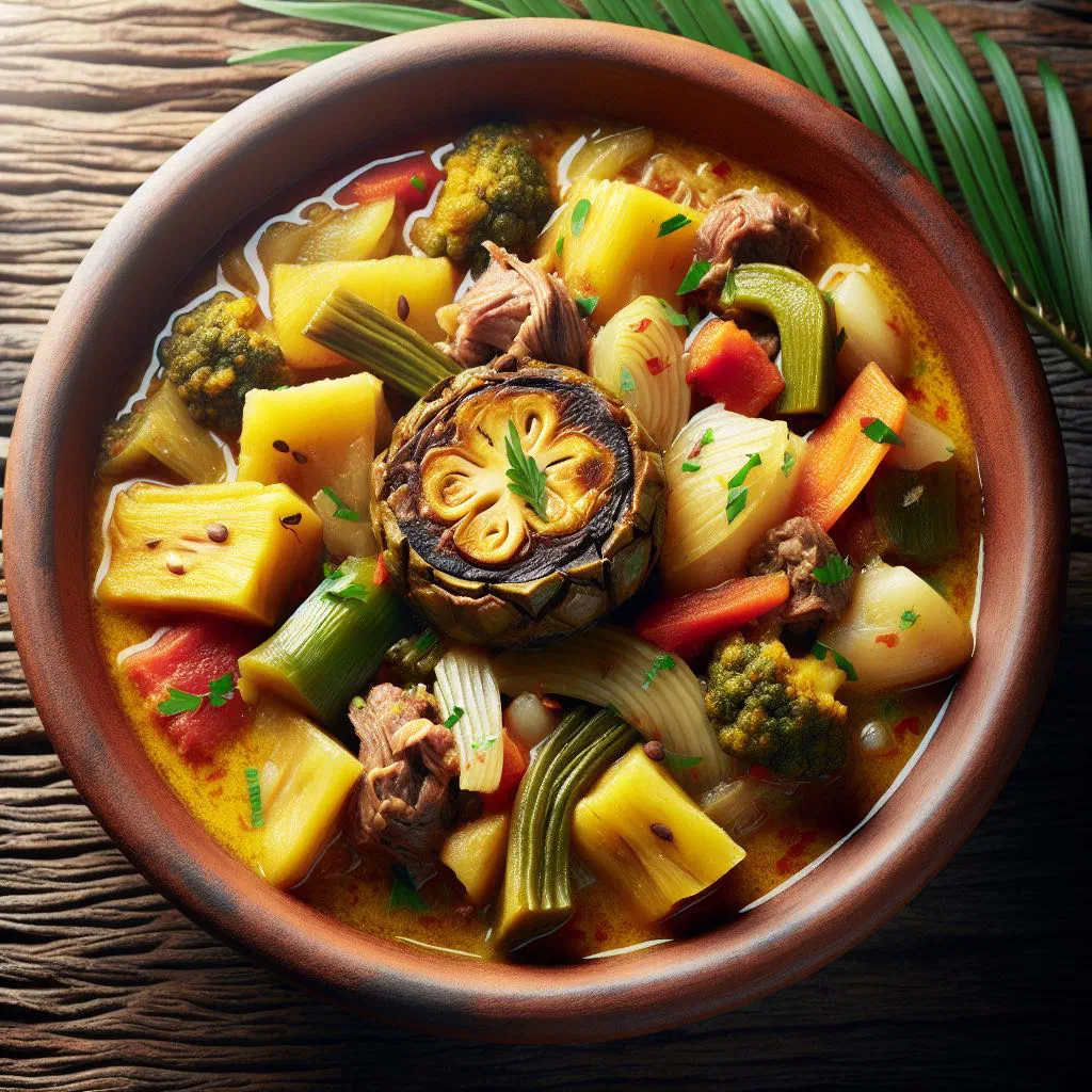 Oildown with plantains, vegetables and meat in a creamy coconut sauce