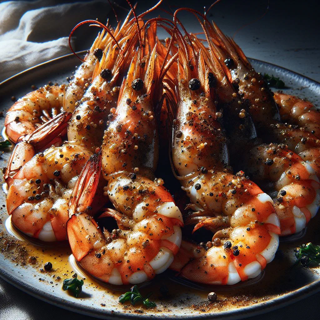 Spicy pepper shrimp garnished with spring onion and lime wedges