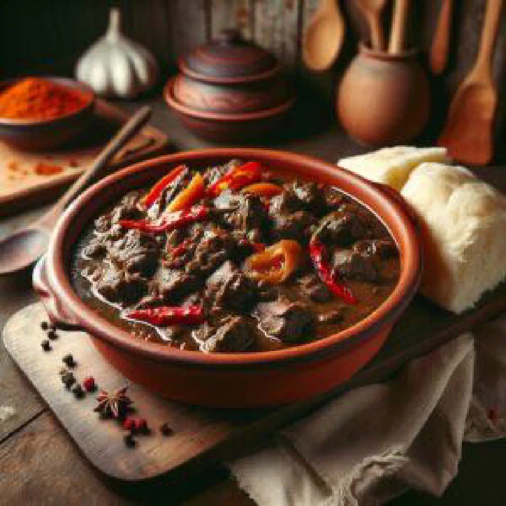 Dark, glossy Guyanese pepperpot beef stew served in a deep bowl
