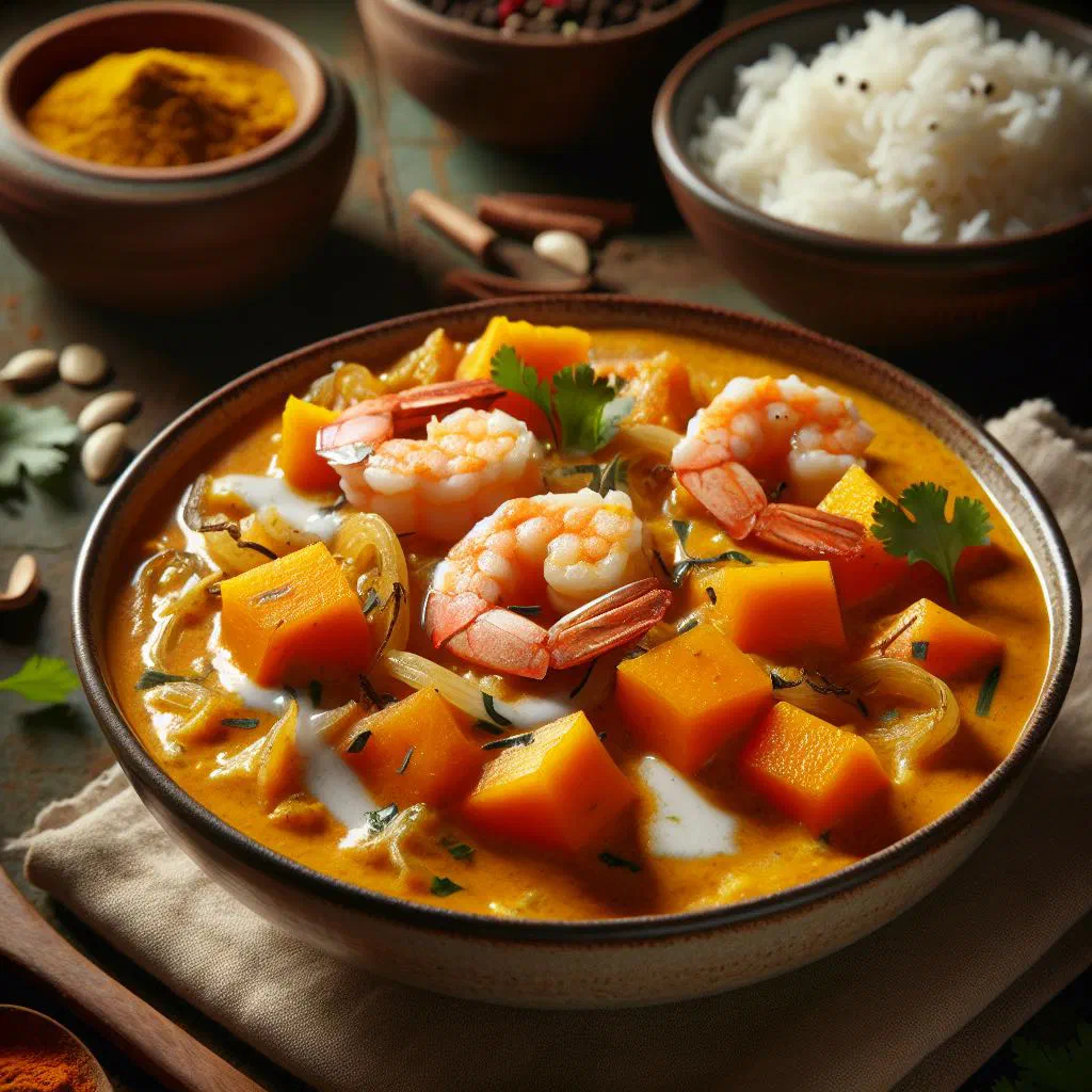 Pumpkin and shrimp curry in a coconut sauce garnished with fresh coriander