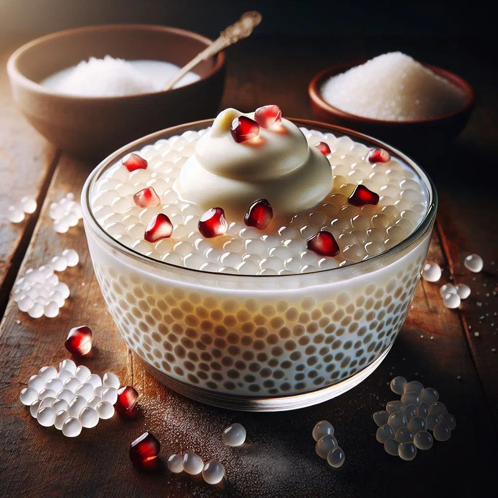 Creamy sago pudding in a glass topped with grated coconut