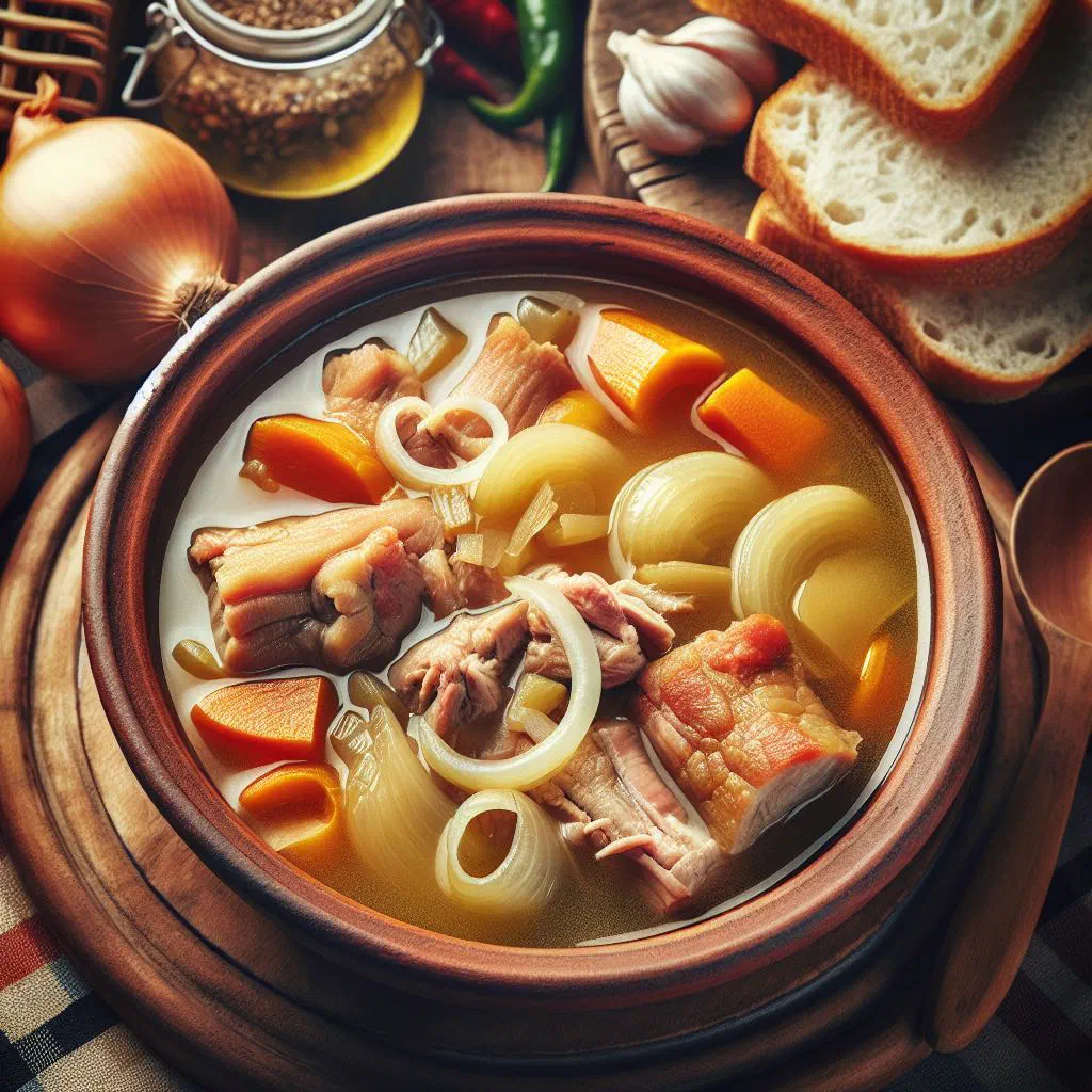Bowl of Guyanese souse with pickled meat, onion rings and cucumber slices